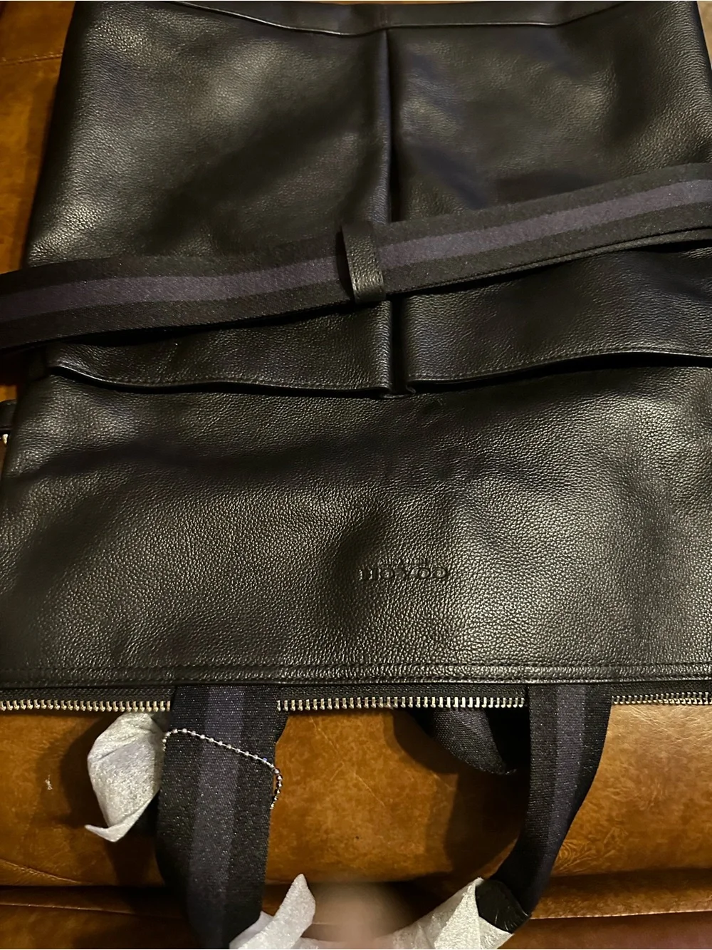 Black Leather Unisex Fold Over Tote with Dual Straps